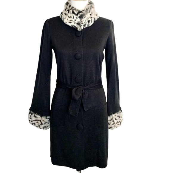 I.N.C. Faux Fur Animal Print Trim Black Button Sweater Coat Women's Size M - Picture 3 of 13